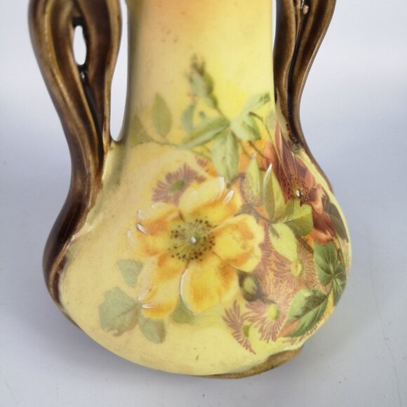 Vintage Miniature Amphora Bud Vase Yellow Pink Brown Floral Teal Inside Boho - Picture 7 of 15